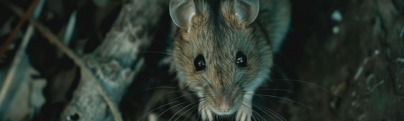 The image shows a close-up of a small rodent, possibly a mouse, with large, dark eyes and long whiskers.